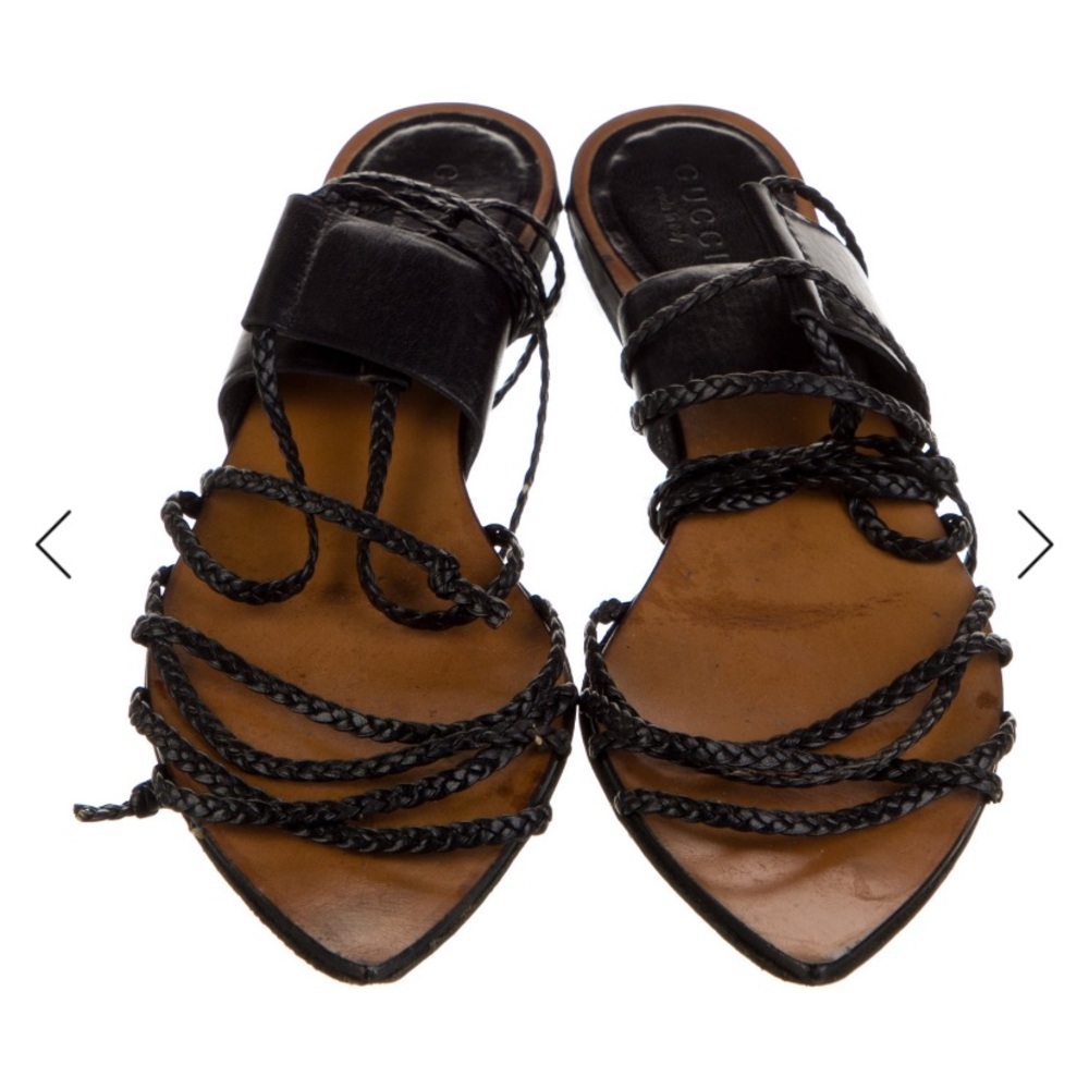 Gucci Black Braided Leather Lace-Up Flat Sandal SZ 6/36 - Picture 3 of 4